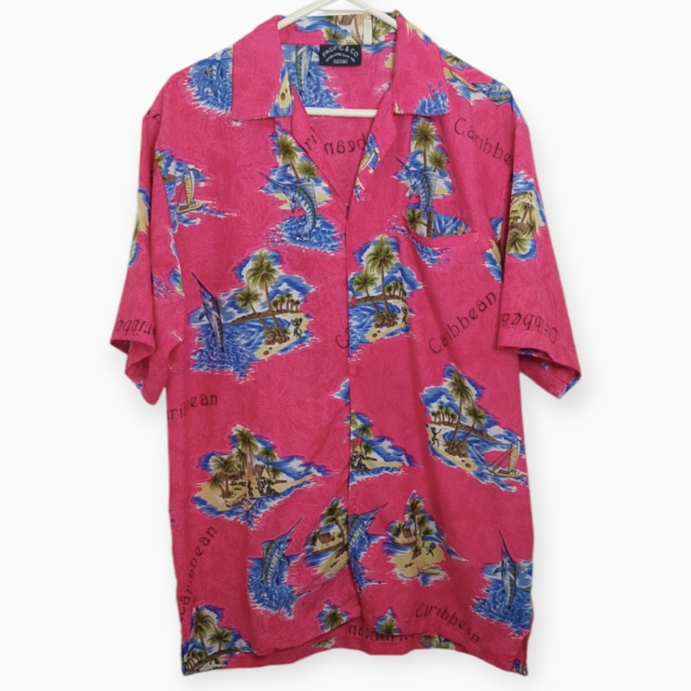 Pacific & Co Hawaiian Shirt Men's Size Medium Pink Carribbean Button Up